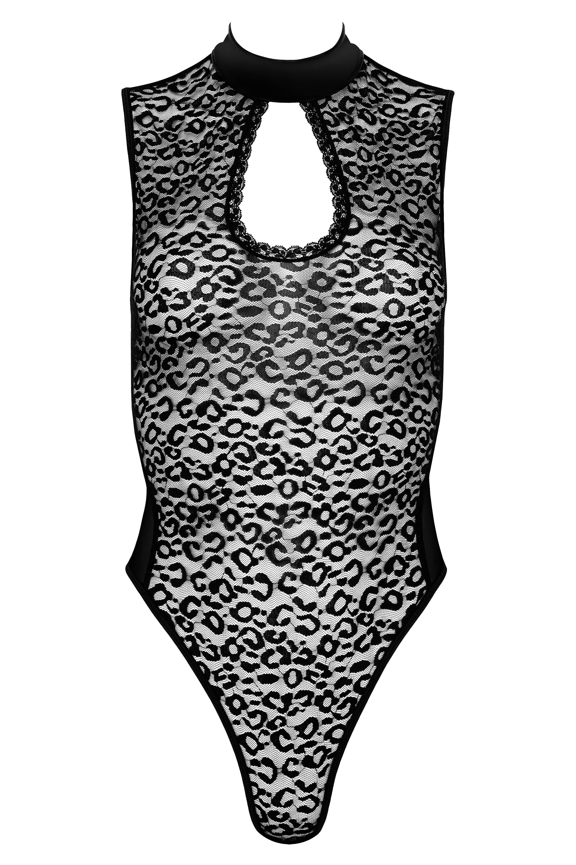 Leopard-Spitzenbody mit Wetlook-Rückseite und Stehkragen – Schwarz