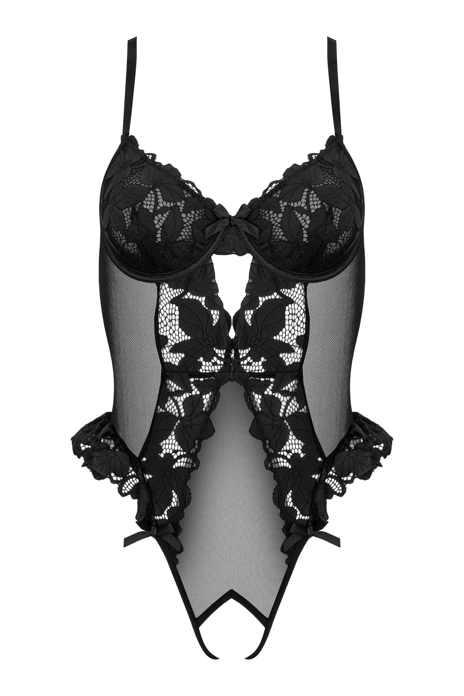Body mit Spitze, Bügel-Cups & Volants – Schwarz
