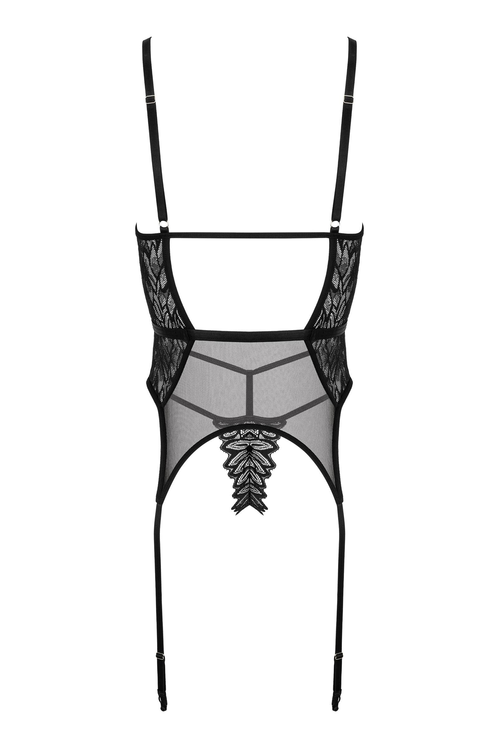 Strapscorsage mit Stickerei, Mesh & Strumpfhaltern – Schwarz