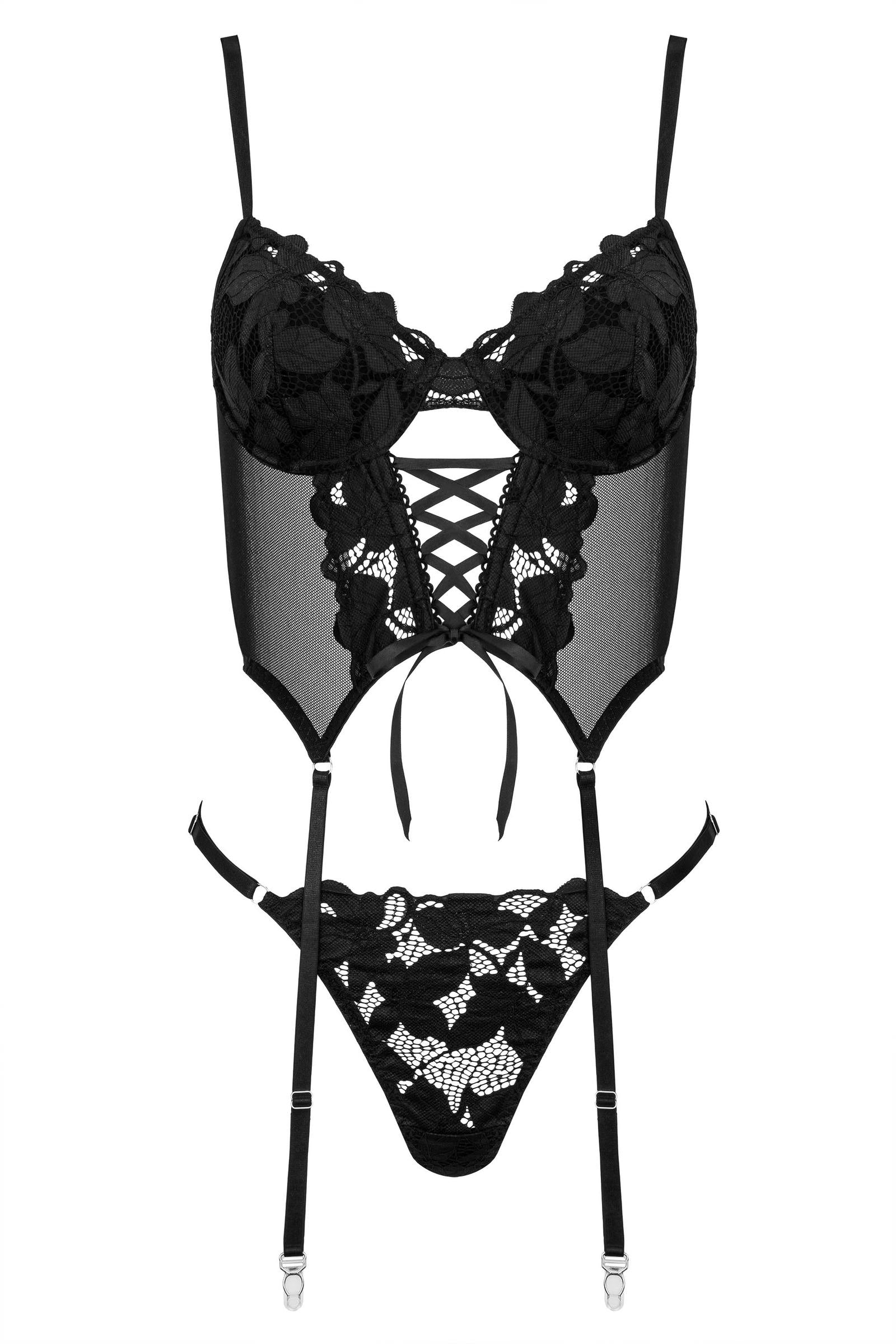 Strapscorsage mit Bügel-Cups, Schnürung & String – Schwarz