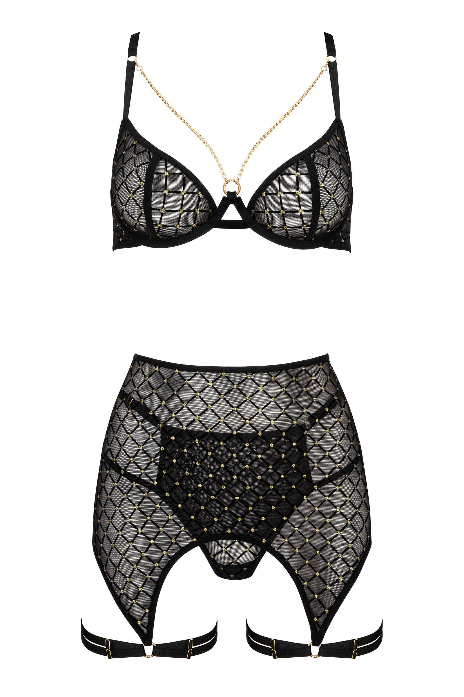 Seductive 3-piece lingerie set with golden details