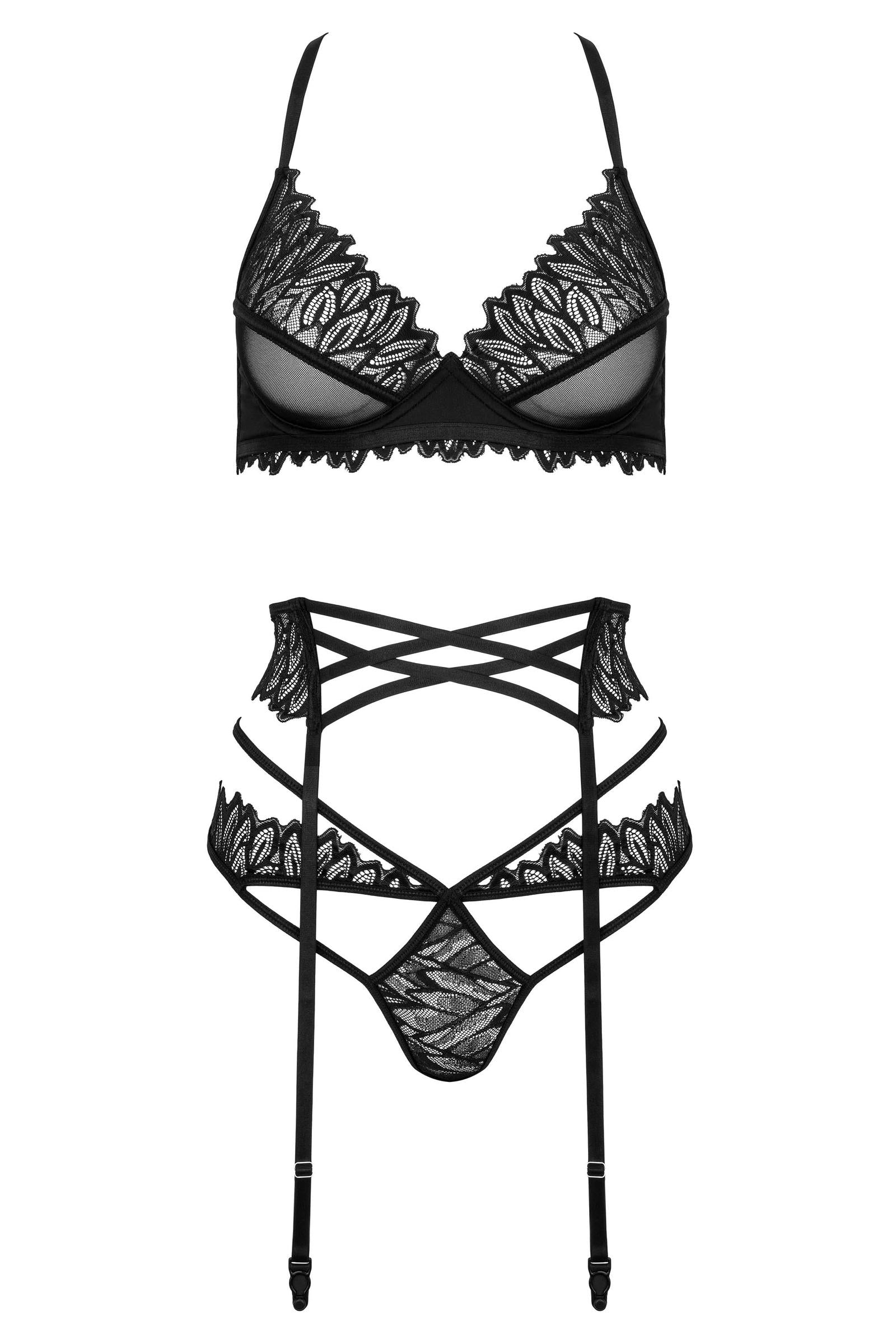 3-teiliges Dessous-Set mit Blatt-Stickerei & Strapsgürtel – Schwarz