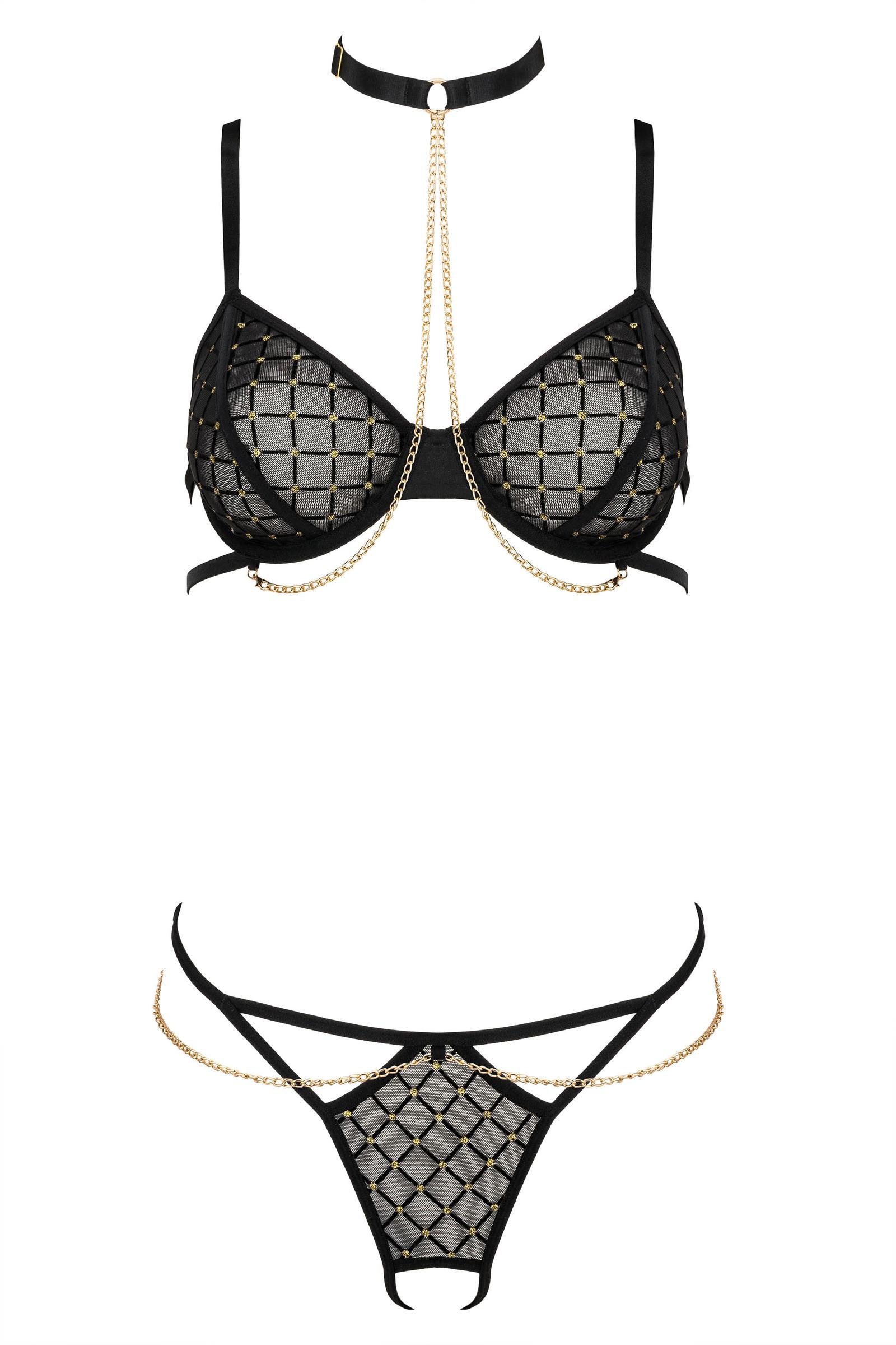 2-teiliges Dessous-Set mit goldenen Ketten – Schwarz & Gold