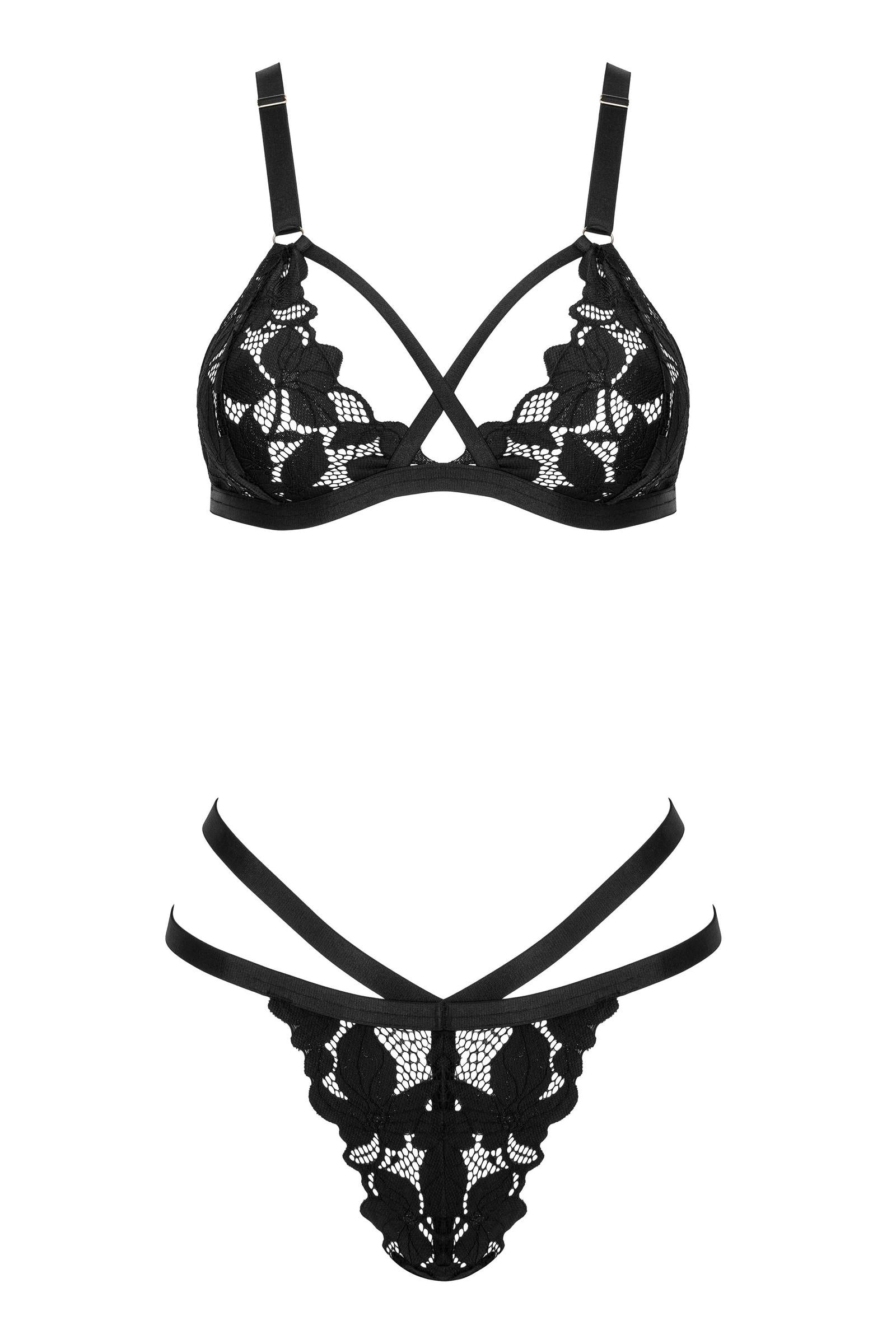 2-teiliges Spitzen-Set mit Triangel-BH & Riemen-Details – Schwarz