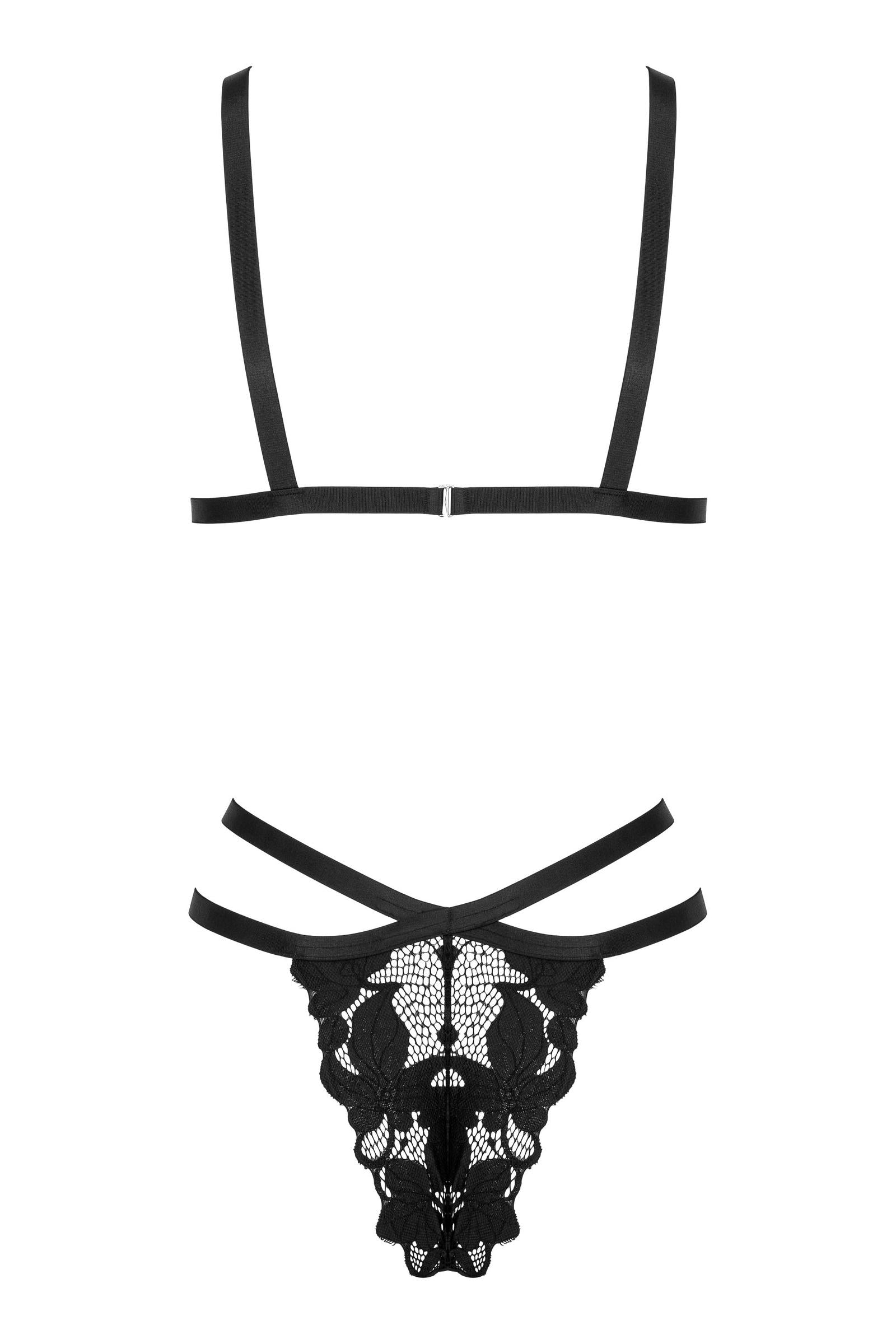 2-teiliges Spitzen-Set mit Triangel-BH & Riemen-Details – Schwarz