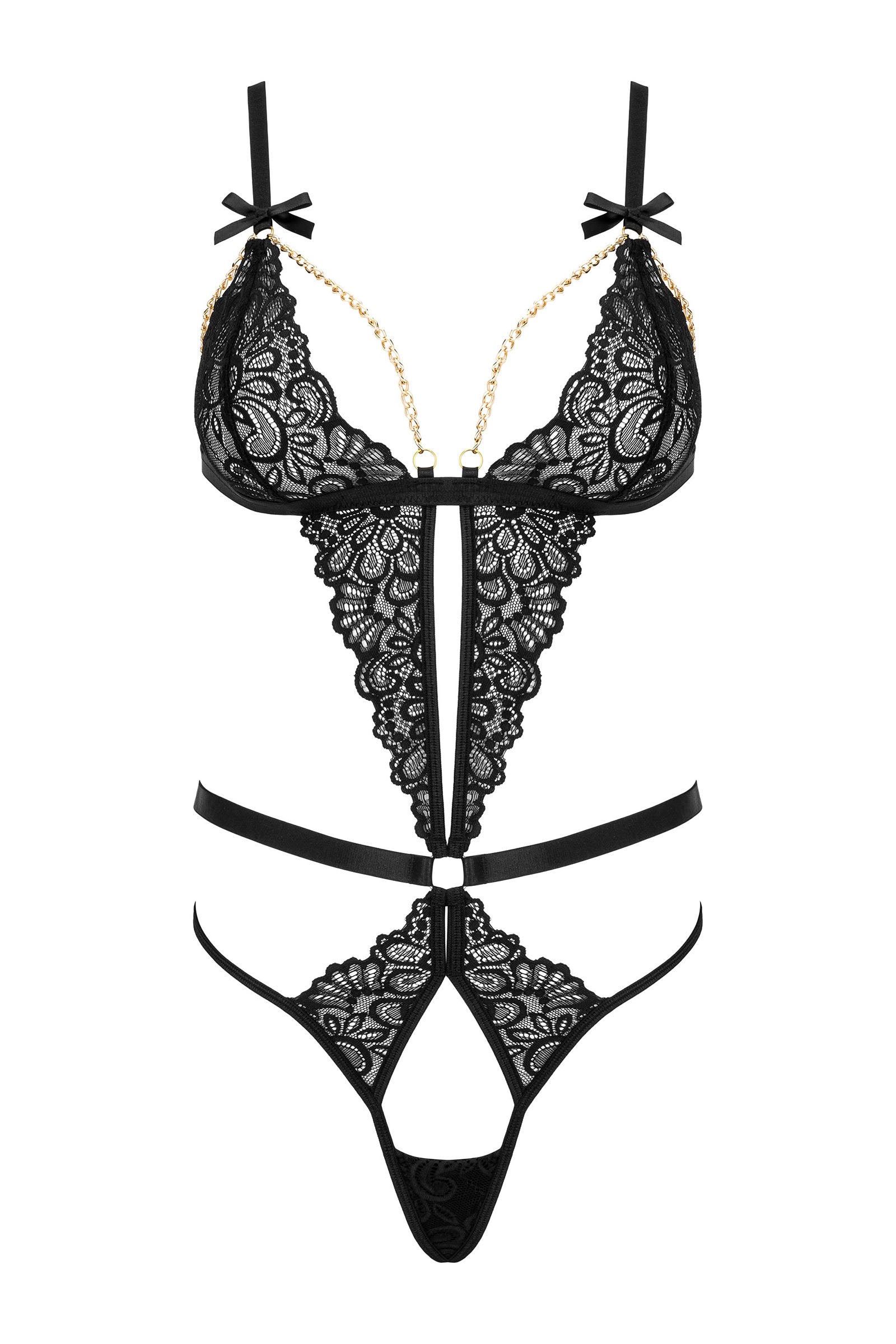 Spitzenbody mit Schleifen-Details und abnehmbaren Goldketten