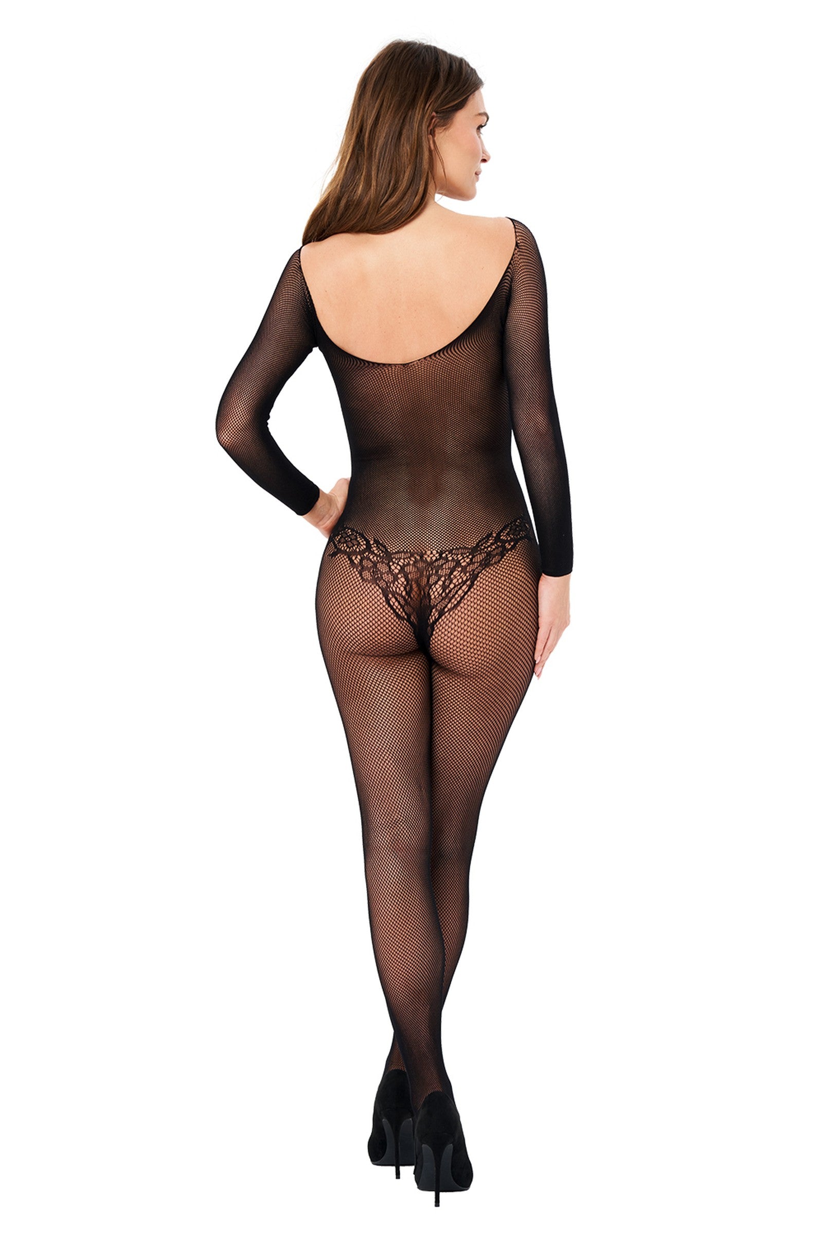 Bodystocking mit Spitzendesign und langen Ärmeln – Schwarz
