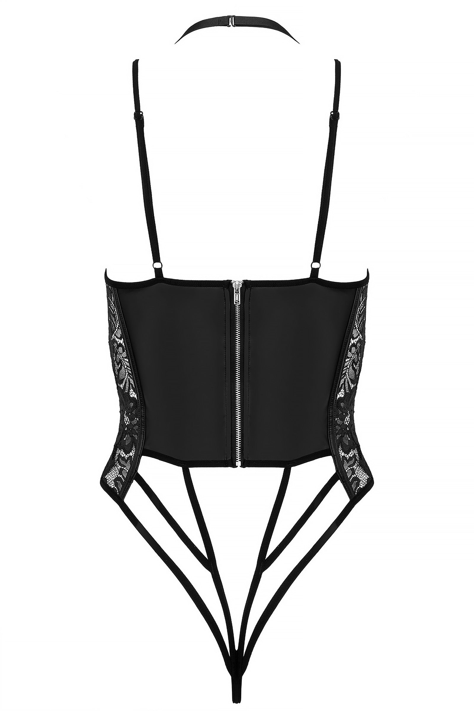 Schwarzer Wetlook Body mit Spitzeneinsätzen und aufregenden Rückendetails