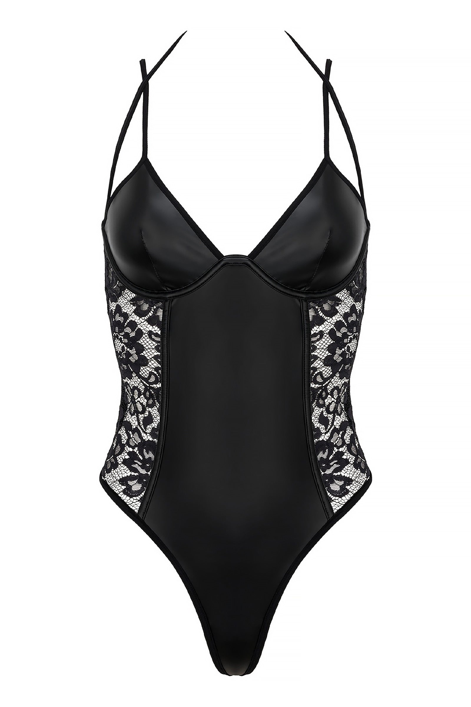 Schwarzer Wetlook Body mit Spitzeneinsätzen und aufregenden Rückendetails