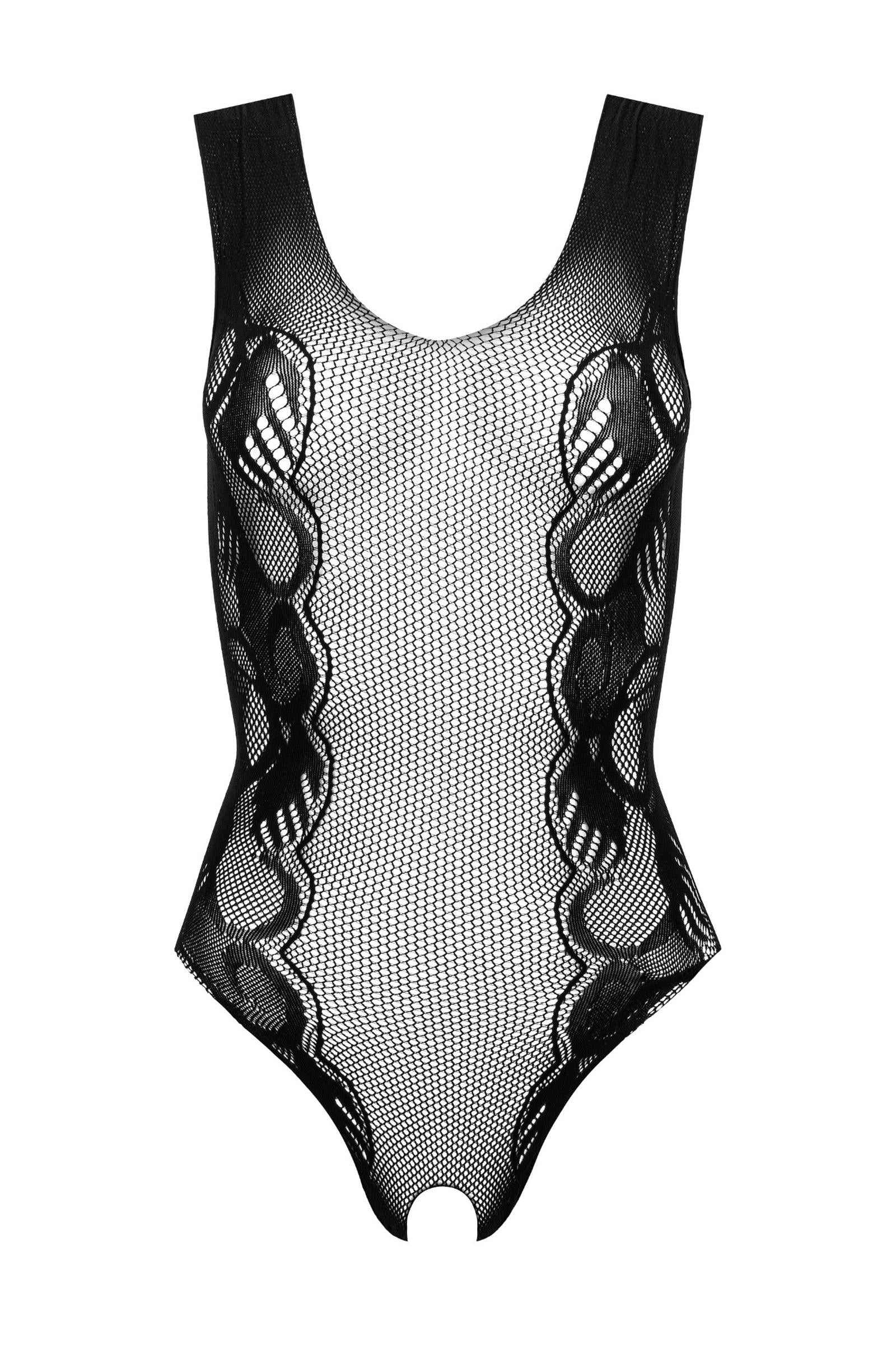 Verführerischer Fishnet-Body mit Spitzendesign und Ouvert – Schwarz