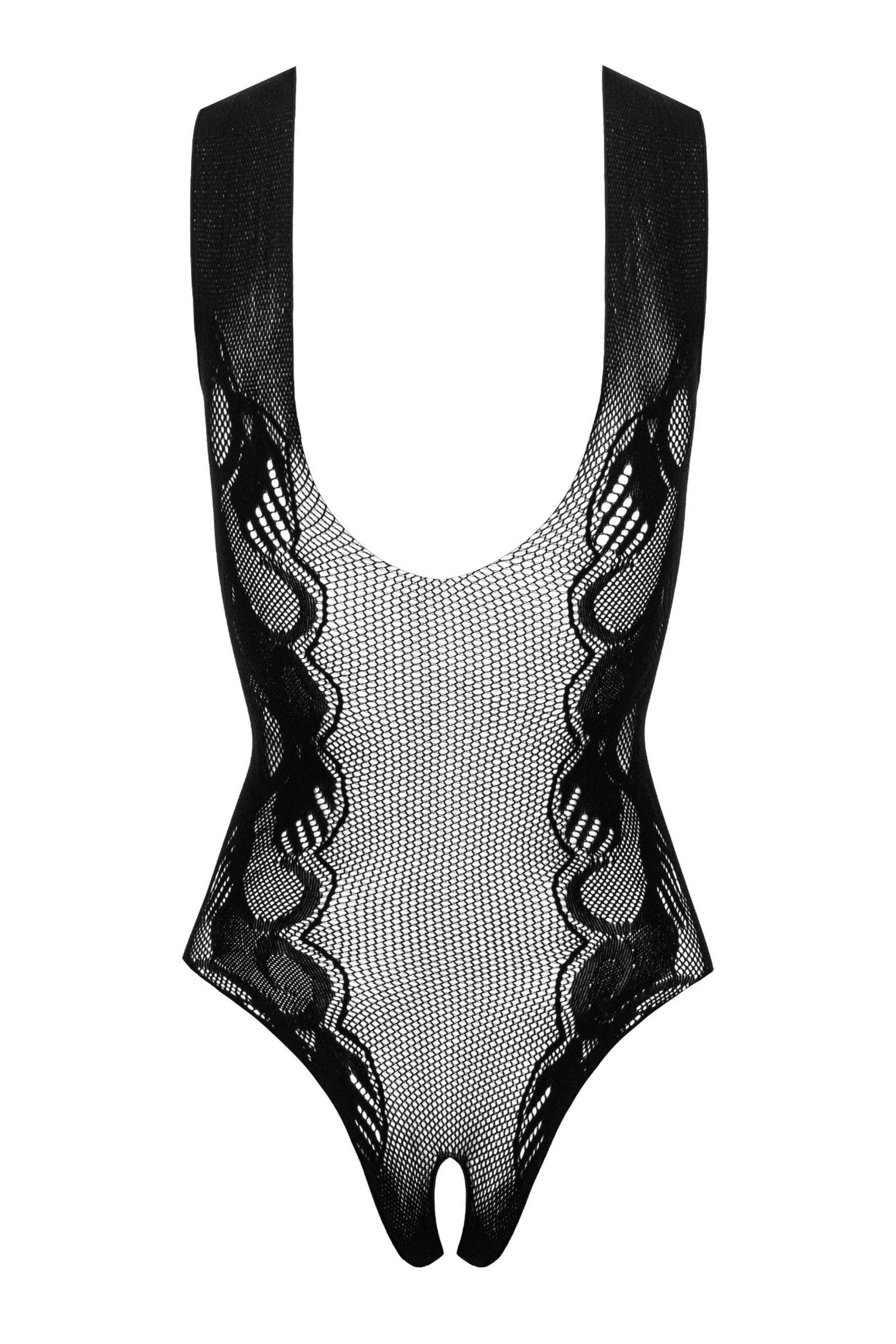 Verführerischer Fishnet-Body mit Spitzendesign und Ouvert – Schwarz