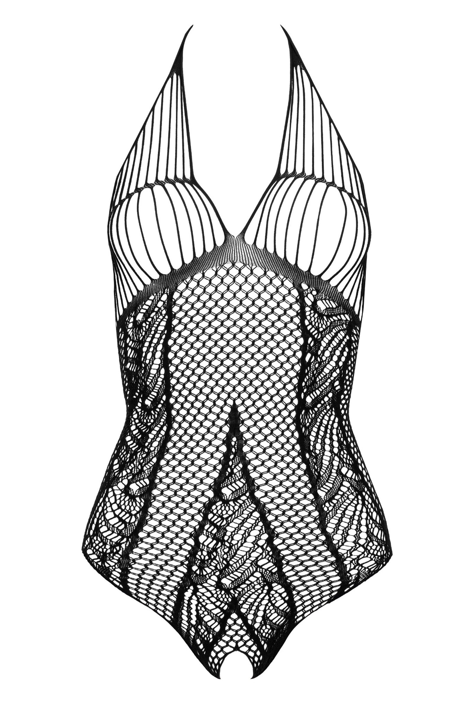 Verführerischer Fishnet-Body mit raffiniertem Muster und offenem Schritt – Schwarz