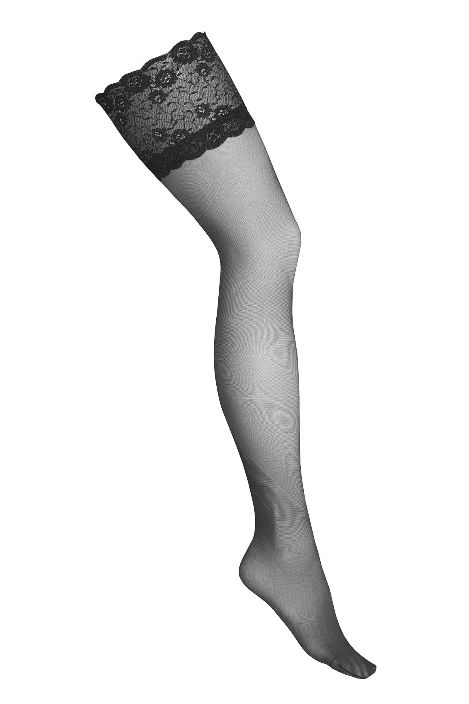 Halterlose Strümpfe mit floraler Spitze – 20 den in Schwarz