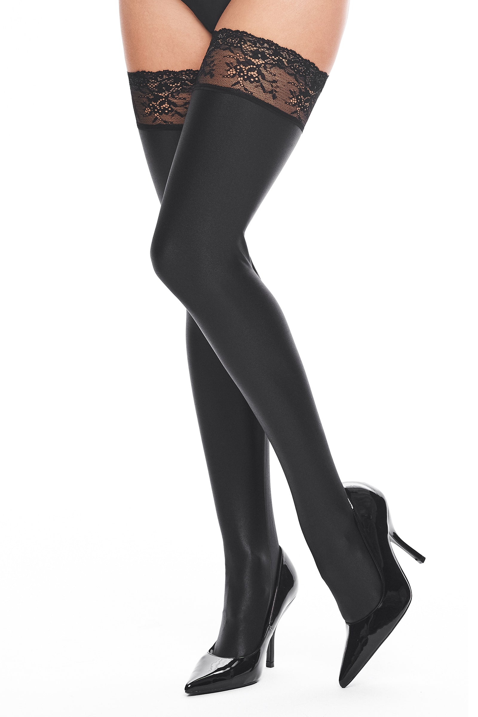 Halterlose Wetlook-Strümpfe mit Streifenbund – modern & sexy