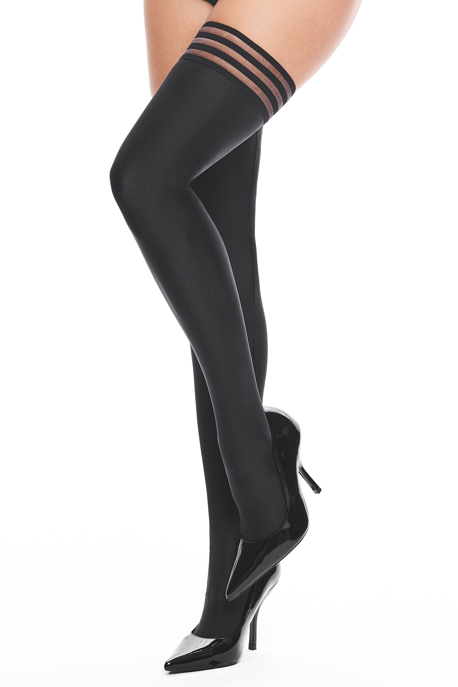 Halterlose Wetlook-Strümpfe mit Streifenbund – modern & sexy