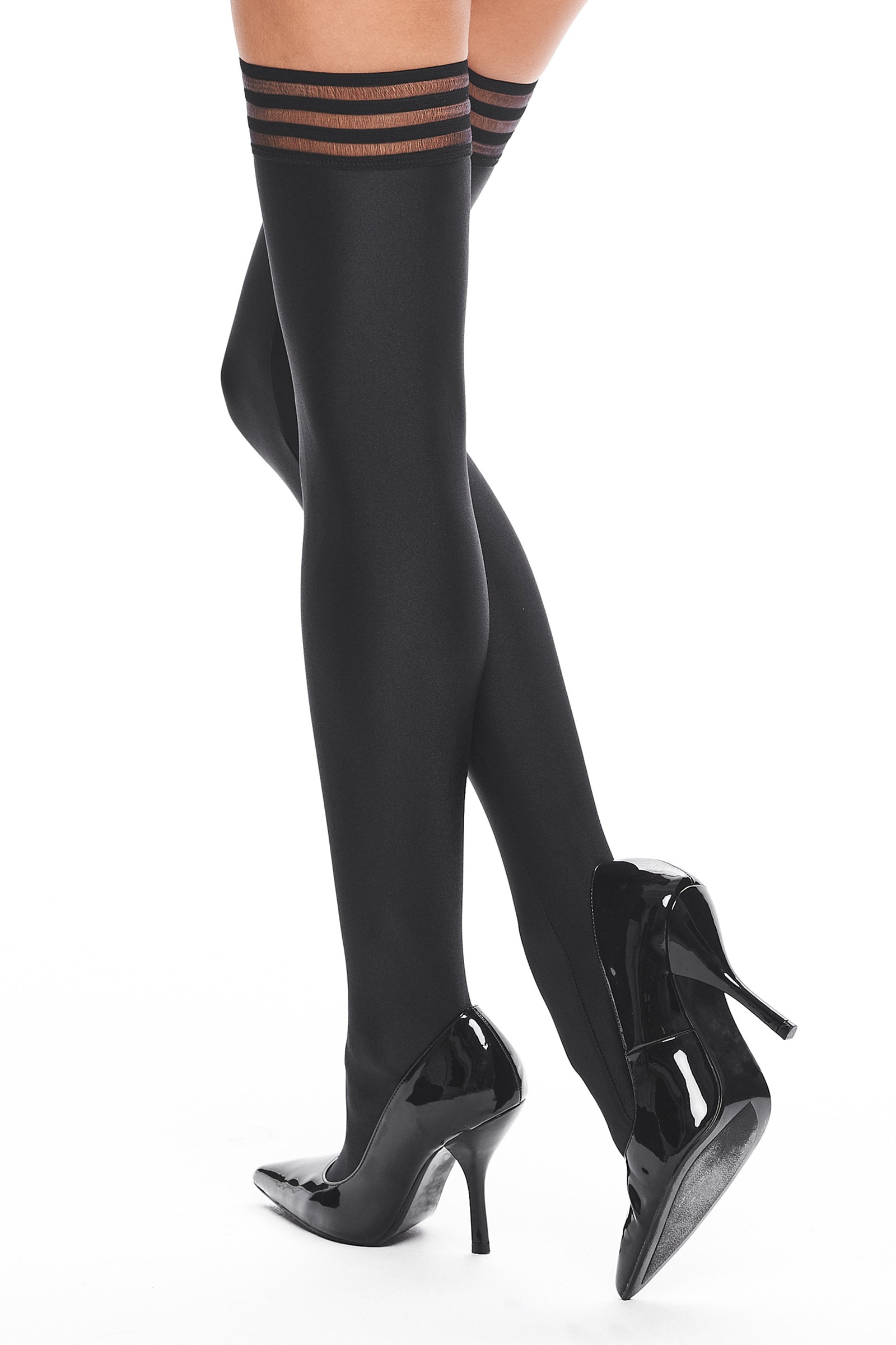 Halterlose Wetlook-Strümpfe mit Streifenbund – modern & sexy