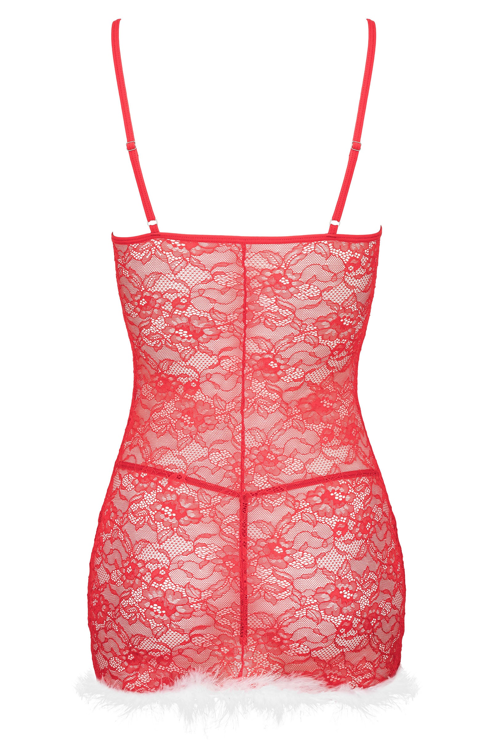 Romantisches rotes Babydoll-Set aus Spitze mit weißem Federbesatz