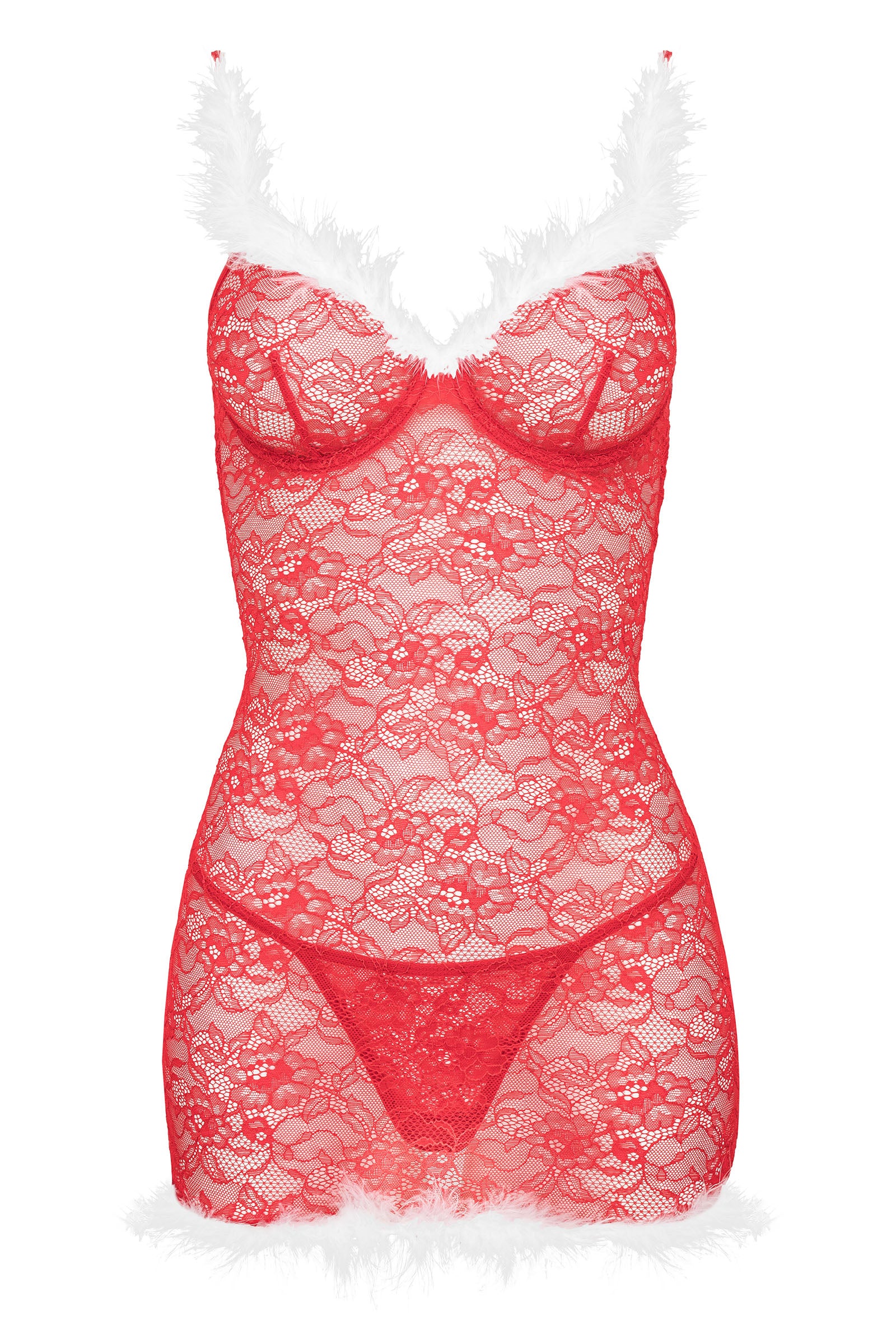 Romantisches rotes Babydoll-Set aus Spitze mit weißem Federbesatz