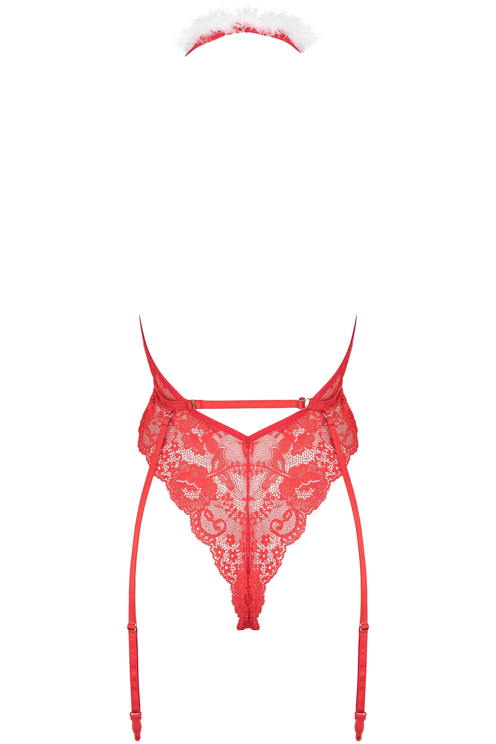 Extravaganter roter Neckholder-Body aus Spitze mit weißem Federbesatz