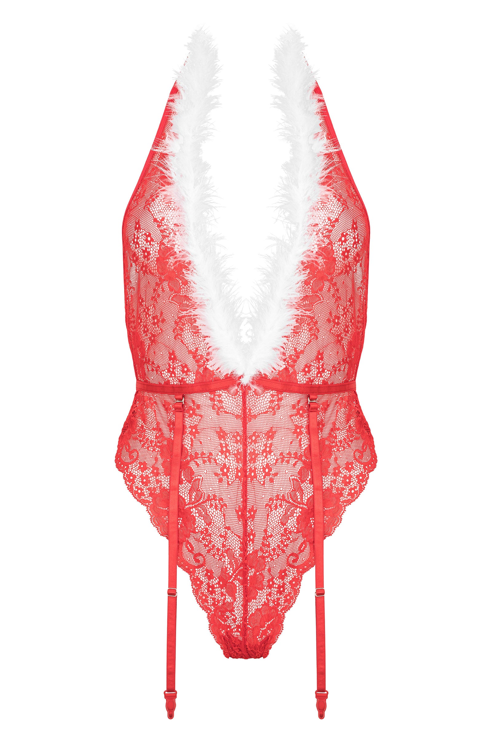 Extravaganter roter Neckholder-Body aus Spitze mit weißem Federbesatz