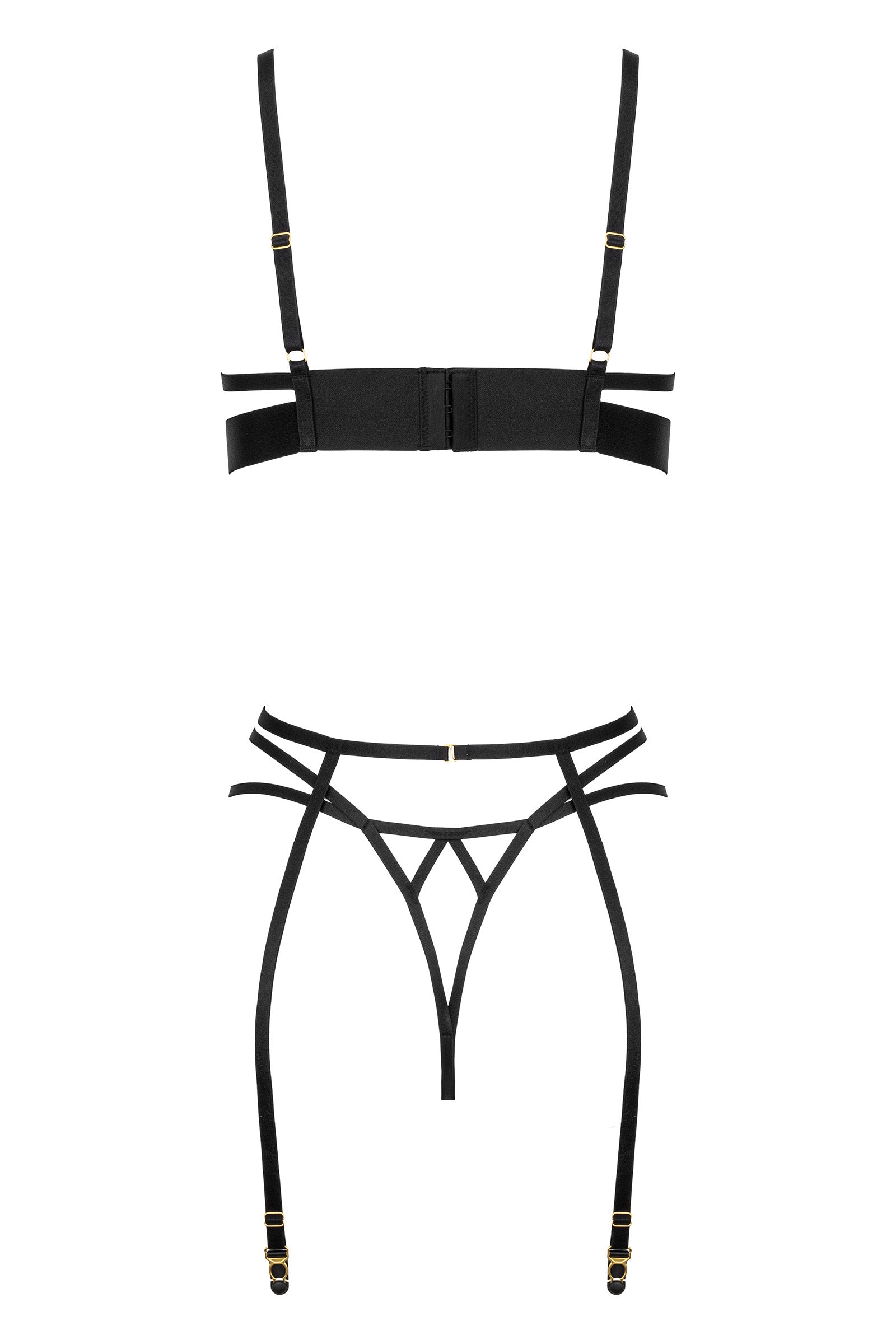 3-teiliges Dessous-Set aus feiner Spitze und Satin-Details – Schwarz