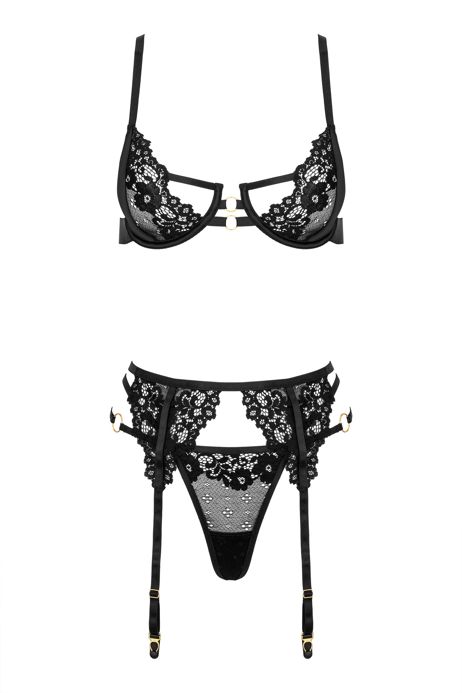 3-teiliges Dessous-Set aus feiner Spitze und Satin-Details – Schwarz