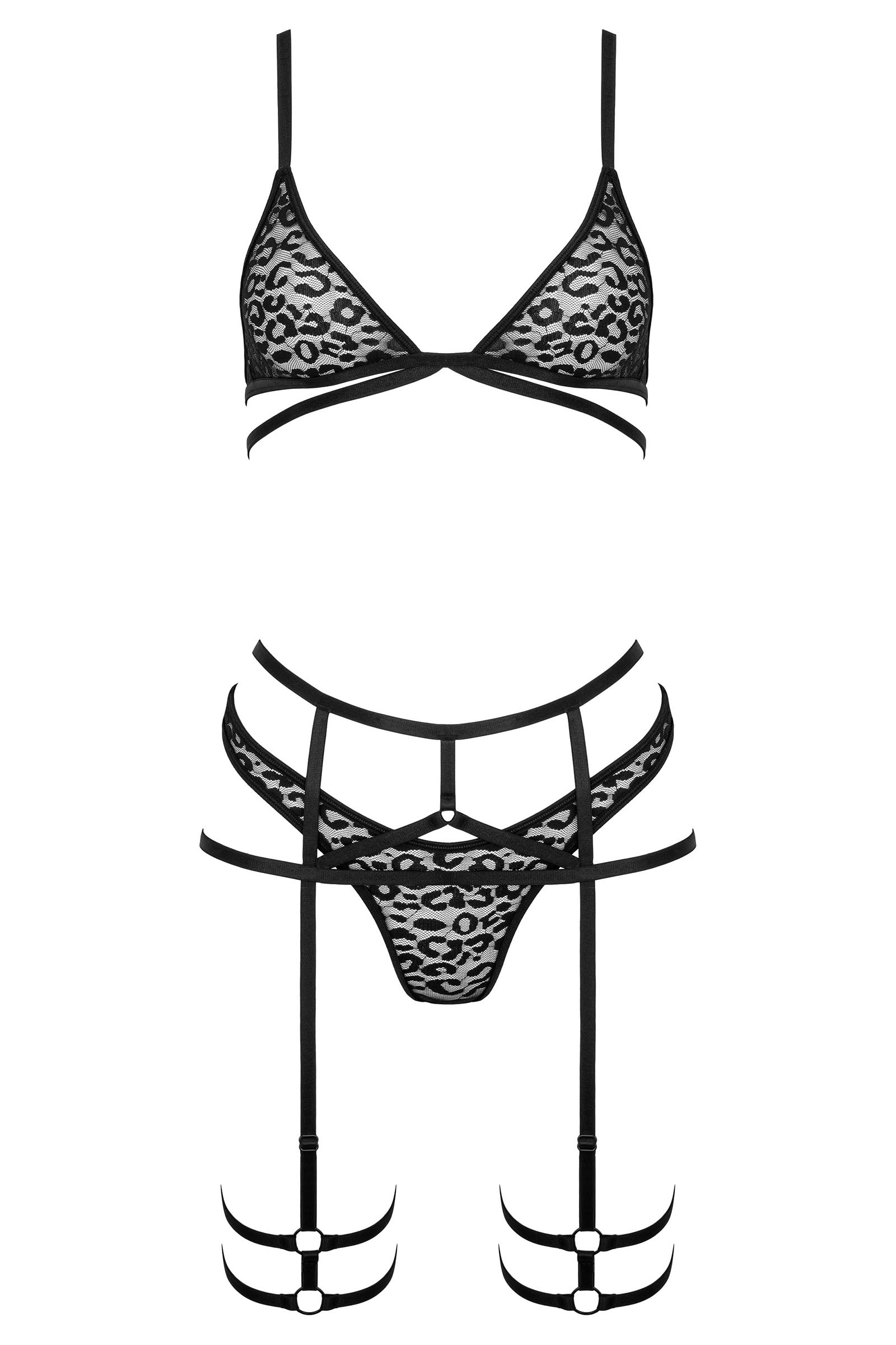 3-piece lingerie set with leaf embroidery &amp; suspender belt – Black