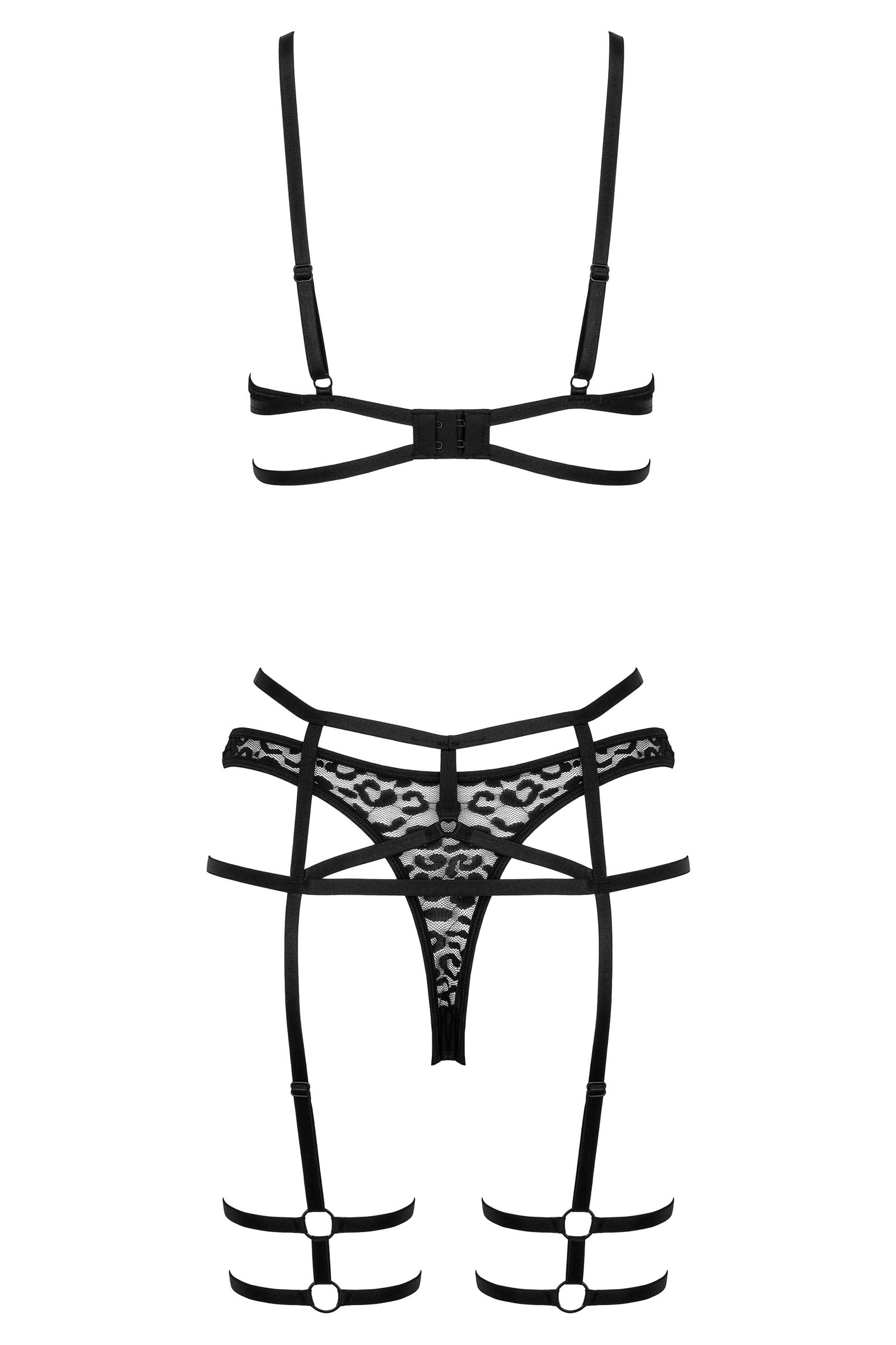 3-piece lingerie set with leaf embroidery &amp; suspender belt – Black