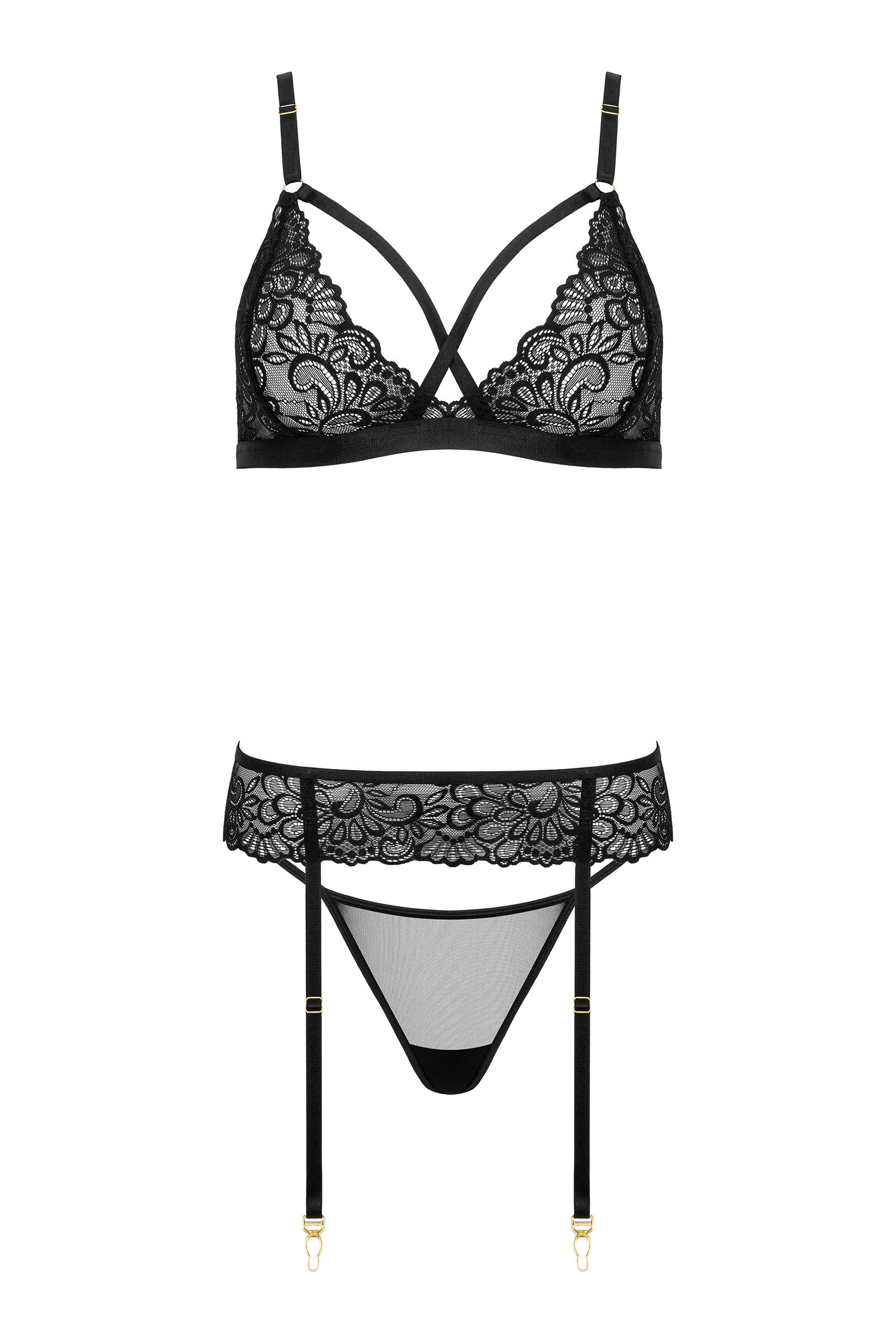 Dessous-Set aus Spitze mit Soft-BH, Riemchenfront, Strapsgürtel und String