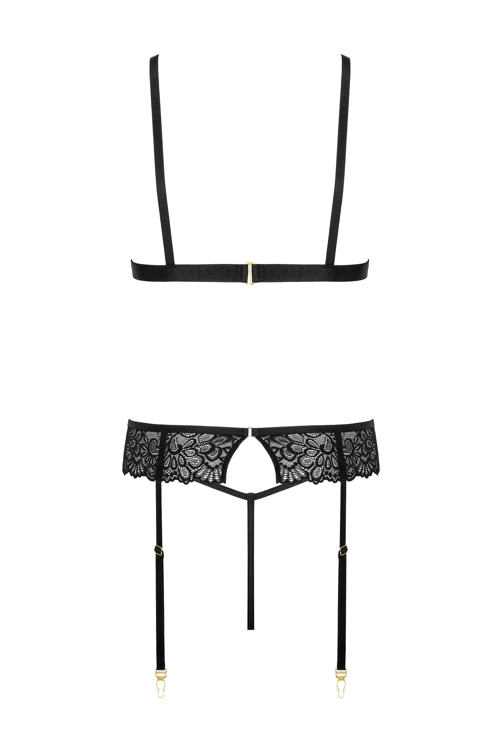 Dessous-Set aus Spitze mit Soft-BH, Riemchenfront, Strapsgürtel und String