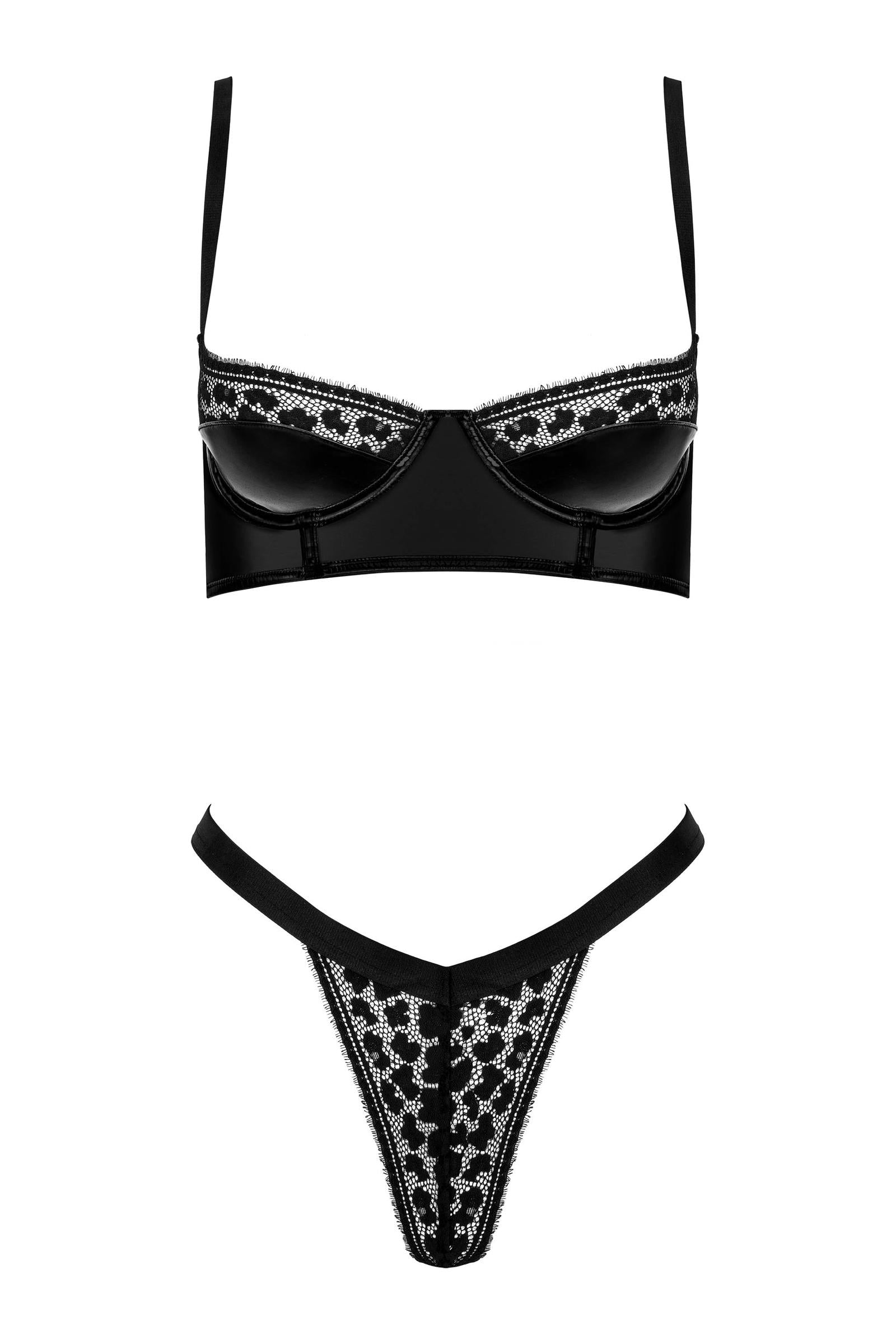 Wetlook & Spitze Dessous-Set mit Bügel-BH und Spitzenstring – Schwarz