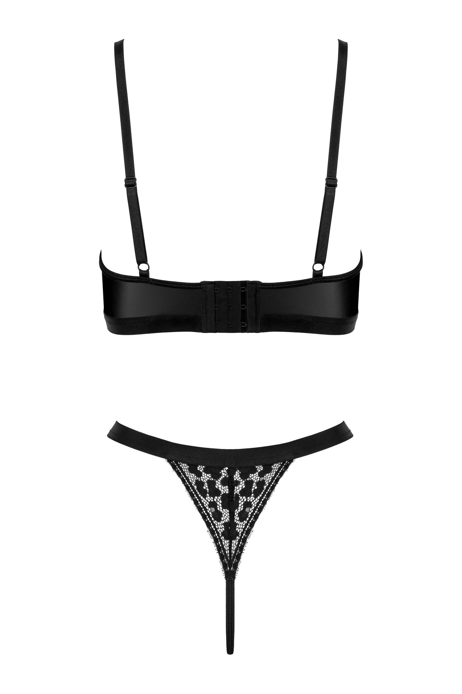 Wetlook & Spitze Dessous-Set mit Bügel-BH und Spitzenstring – Schwarz