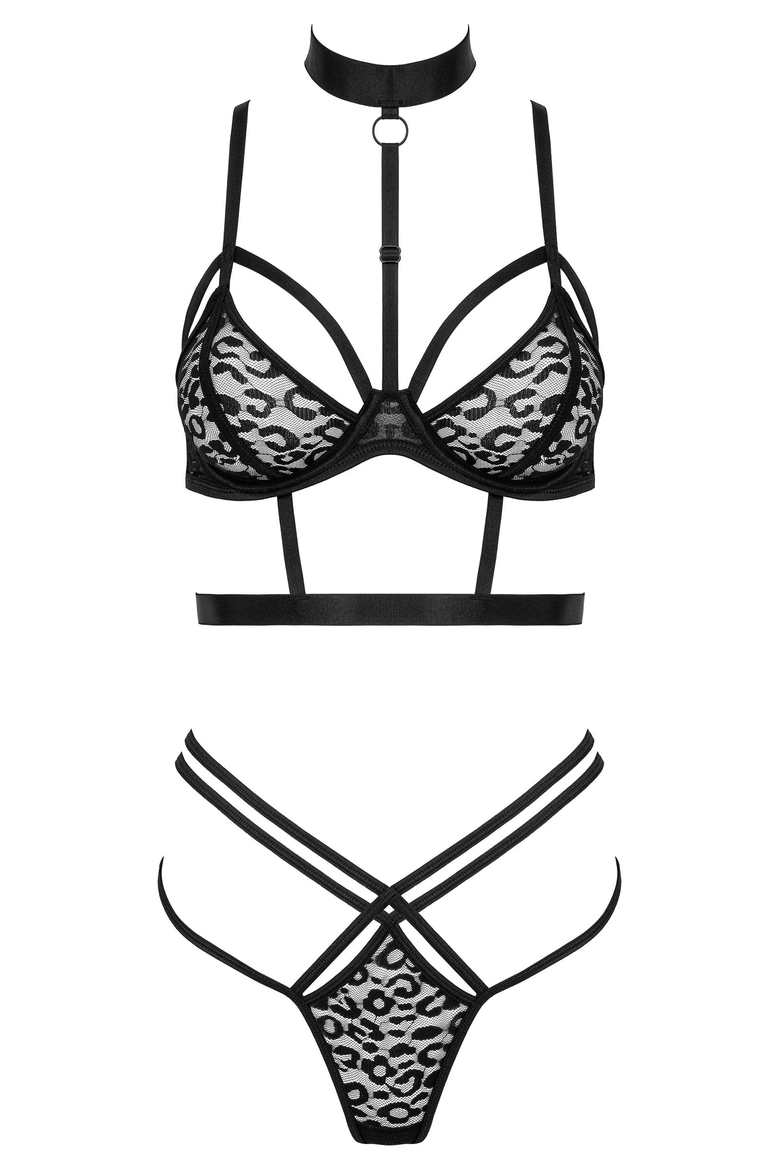 2-piece lace set with triangle bra and strap details – Black